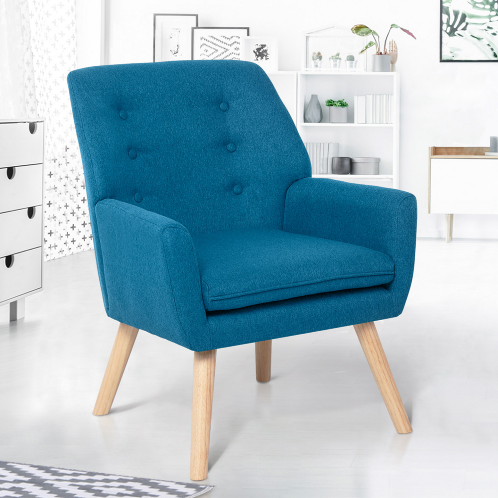 Fauteuil scandinave nat en tissu bleu canard