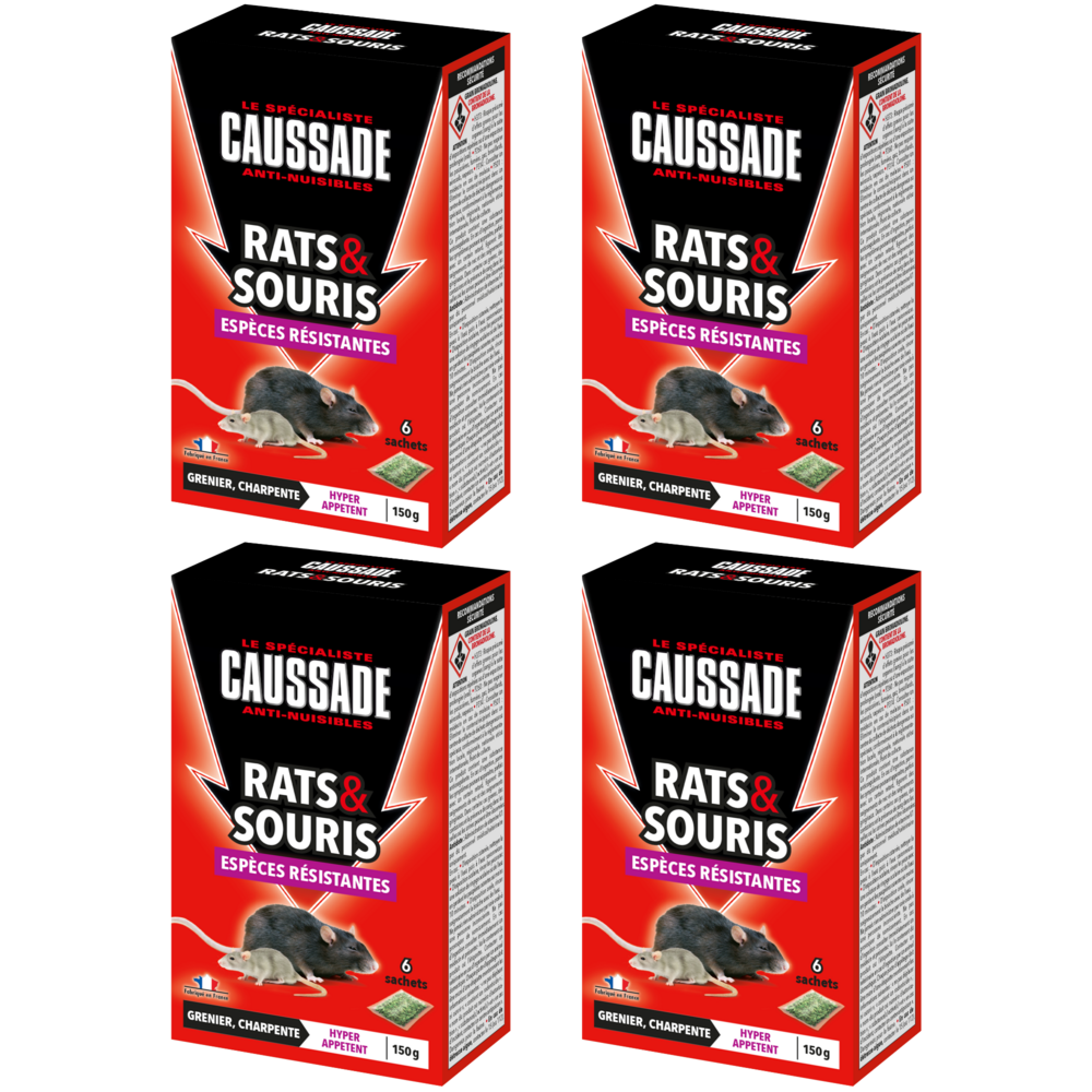 Caussade anti-rats & souris – 24 sachets céréales prêts à l’emploi, espèces résistantes, usage lieux secs, 4x150g