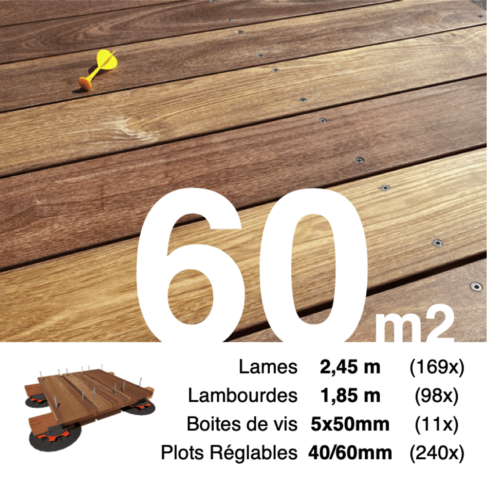 Kit complet terrasse bois exotique cumaru pour 60 m², lames 2,45 m, lambourdes 1,85 m, plots réglables et visserie inox.