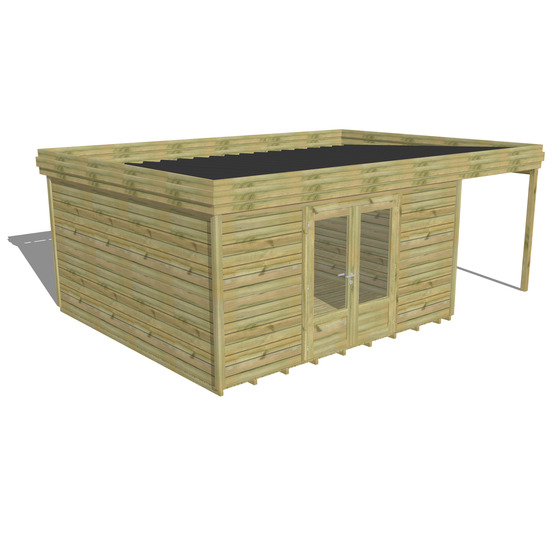 Abri de jardin bois pin traité autoclave 27mm - 6,34x4,34m / 28m2 - bac acier - plancher bois
