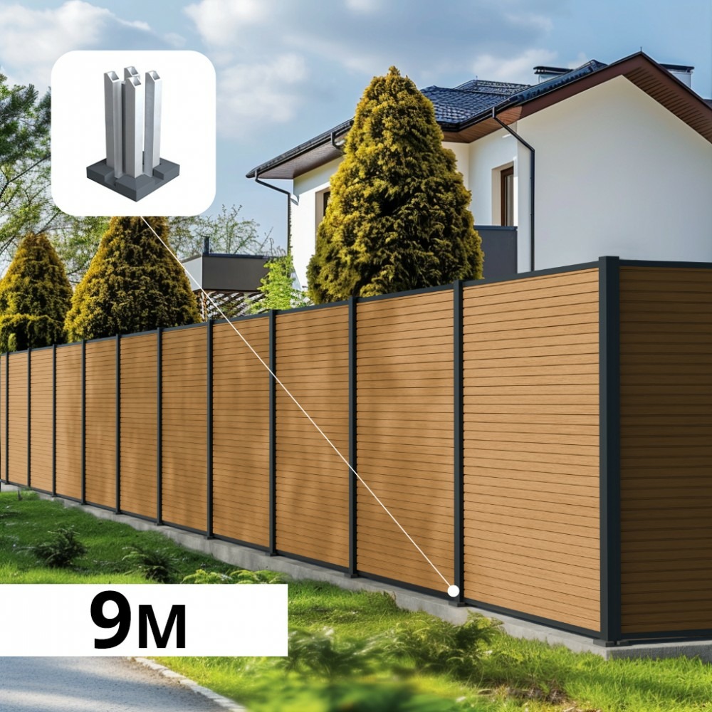 Kit clôture composite poteau sur platines - santos cèdre h-1,8m