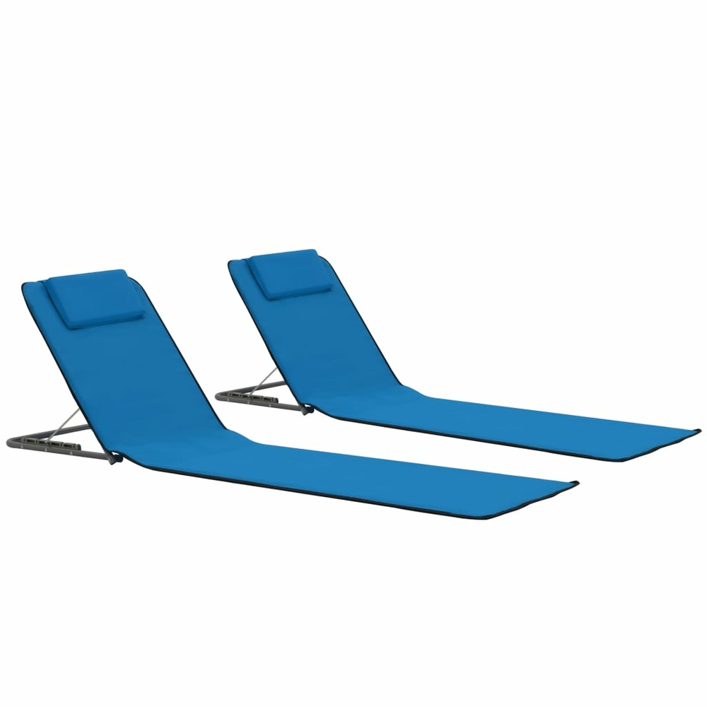 Tapis de plage chaise longue pliables 2 pièces acier et tissu bleu