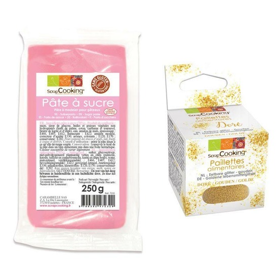 Pâte à sucre rose 250 g arôme vanille + paillettes dorées