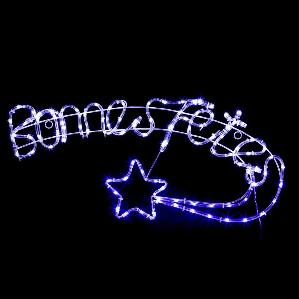 Déco de noël lumineuse bonnes fetes tube lumineux flexible led blanc chaud et bleu h 40 et l 85 cm