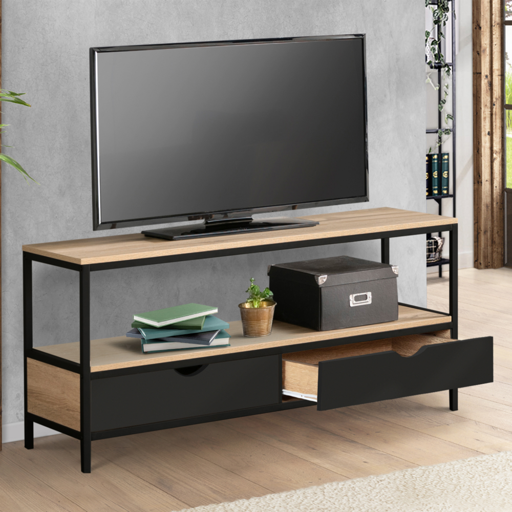 Meuble tv 113 cm boston 2 tiroirs noirs design industriel
