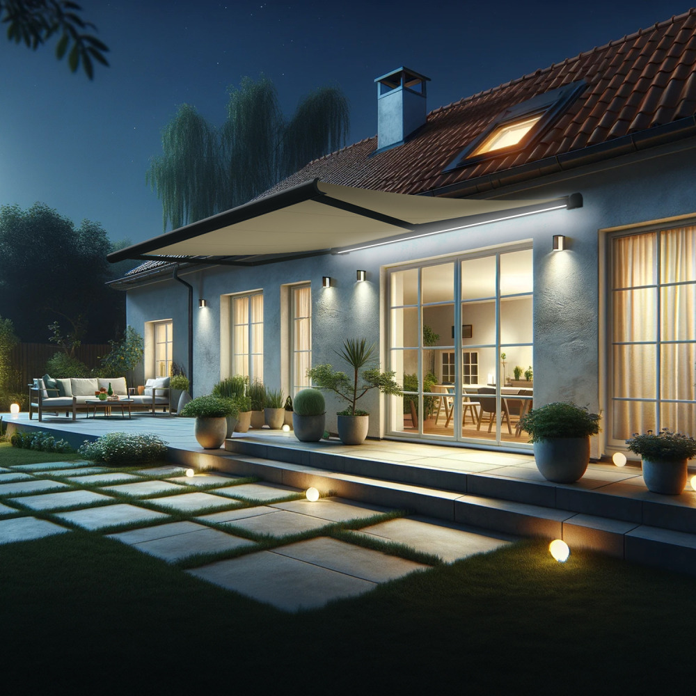 Store banne coffre intégral hevoa 4,05x3,50 m (motorisé secours à télécommande + led - gris anthracite stucturé ral7016st - écru)