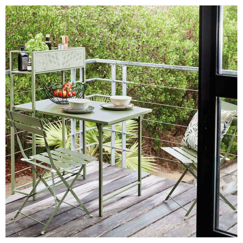 Set table avec 2 chaises pliantes balcon en acier - vert
