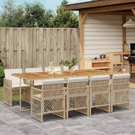 Ensemble à manger de jardin et coussins 9 pcs beige poly rotin