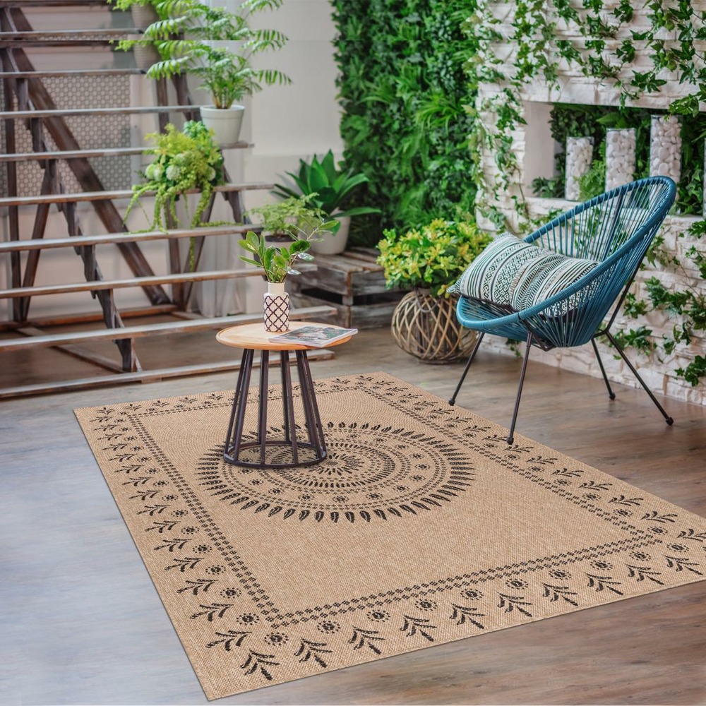 Tapis extérieur ø160cm rond tissé kilim beige et noir jute art 6