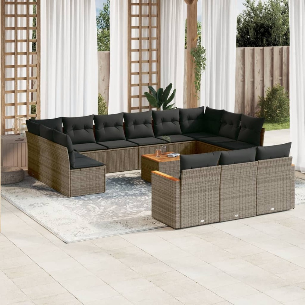 Salon de jardin avec coussins 14 pcs gris résine tressée