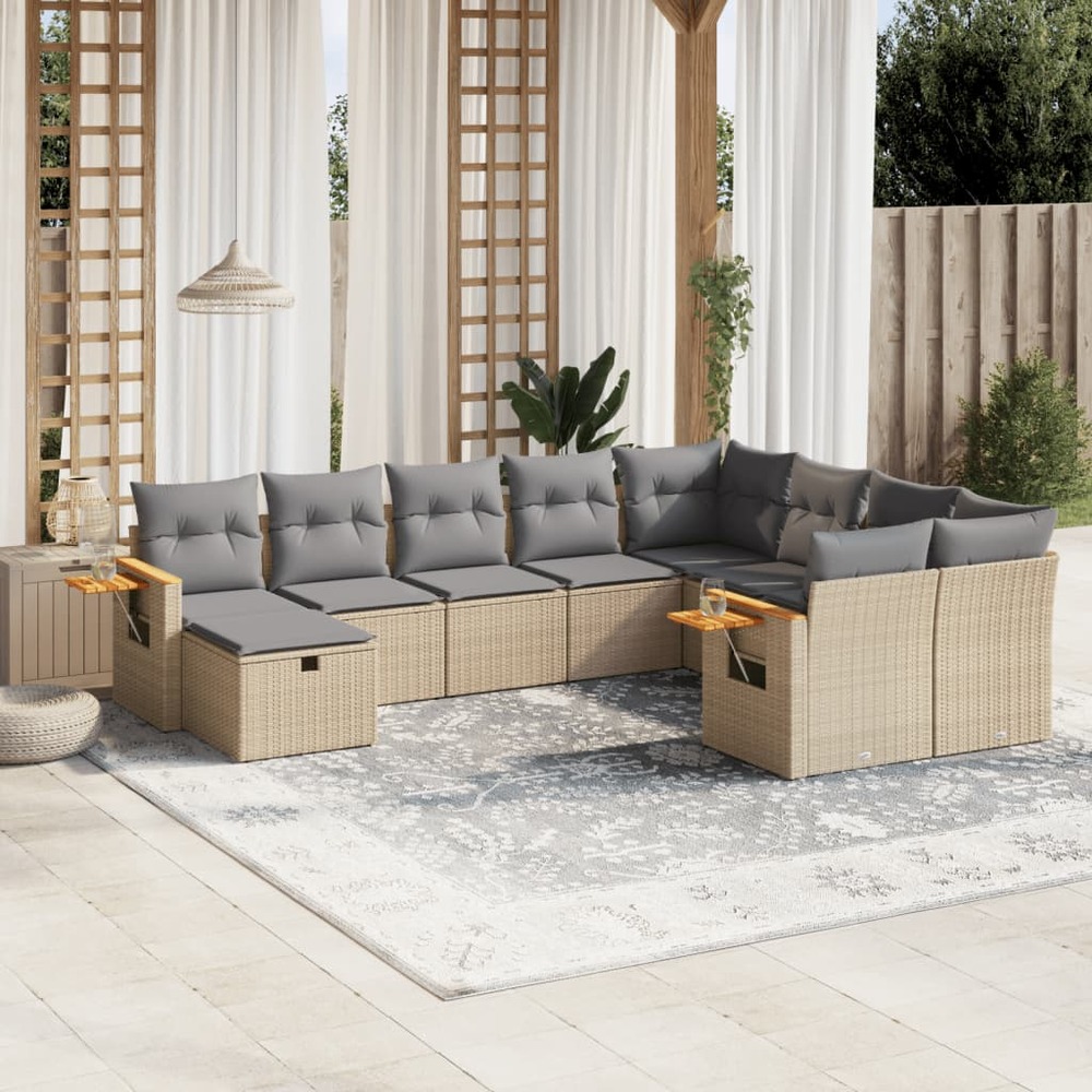 Salon de jardin avec coussins 10 pcs beige résine tressée