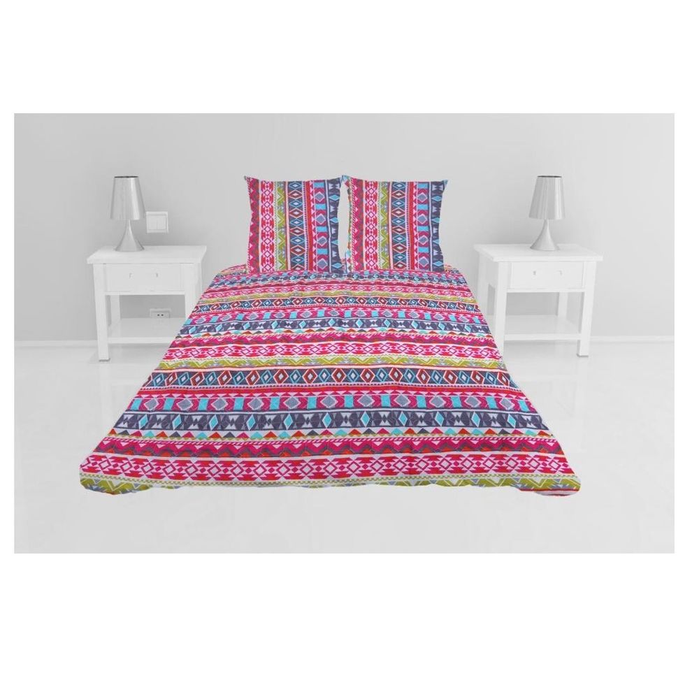 Couvre lit microfibre + taies ethnique coloree