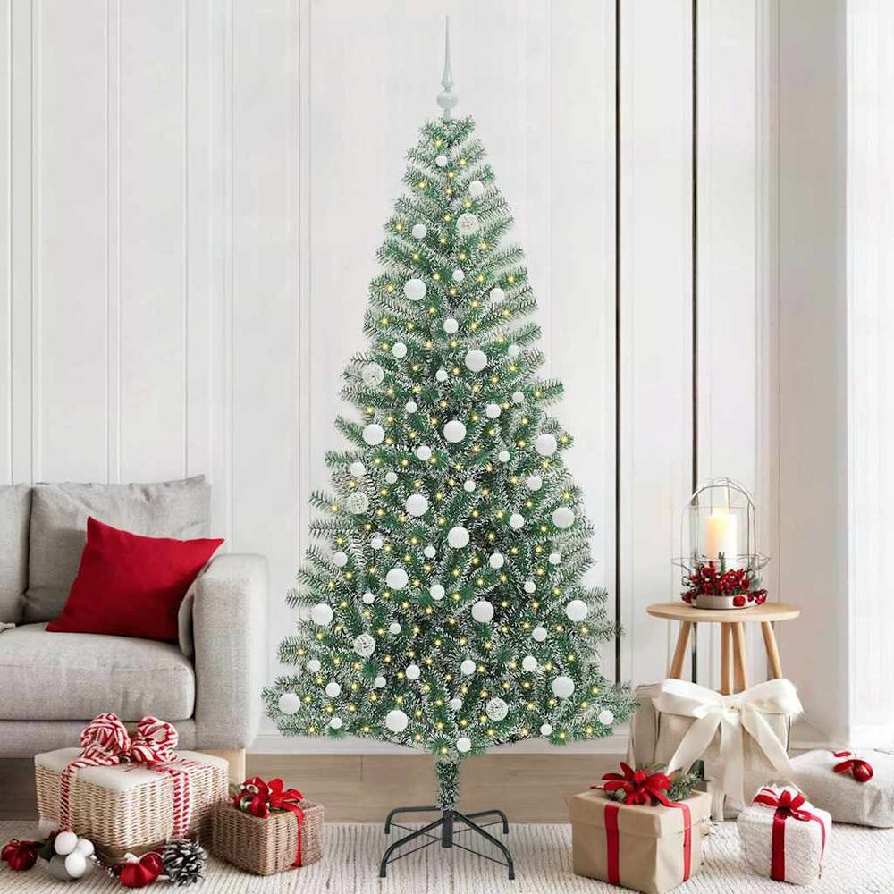 Sapin de noël artificiel décoré et lumineux 210cm, effet neige réaliste