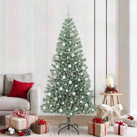 Sapin de noël artificiel décoré et lumineux 210cm, effet neige réaliste
