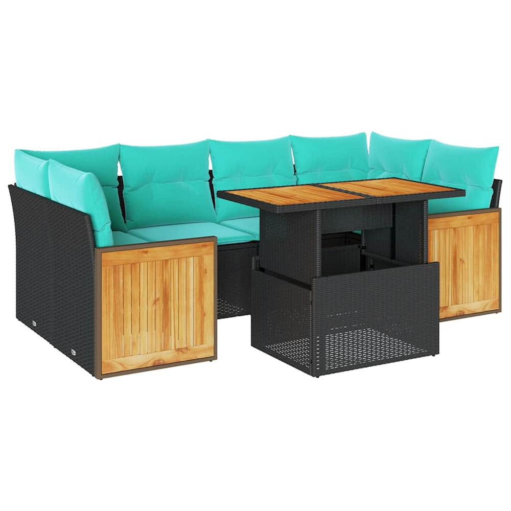 Salon de jardin avec coussins 7 pcs noir résine tressée acacia