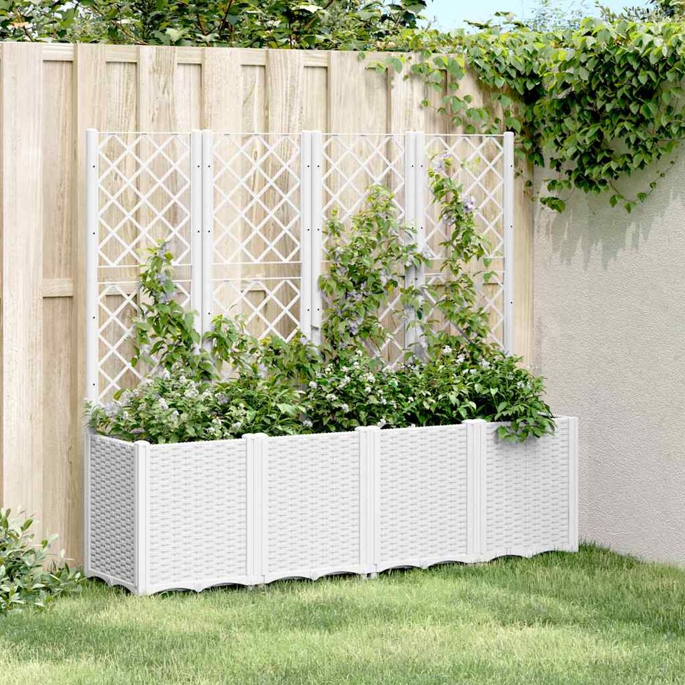 Jardinière avec treillis modulable pour plantes grimpantes aspect rotin 160x40x140 cm blanc