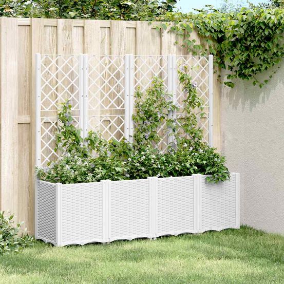 Jardinière avec treillis modulable pour plantes grimpantes aspect rotin 160x40x140 cm blanc