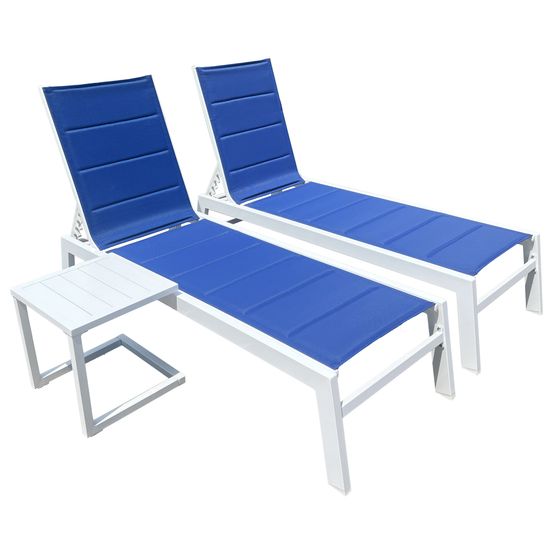 Set 2 transats et table d'appoint barbados textilène bleu - aluminium blanc