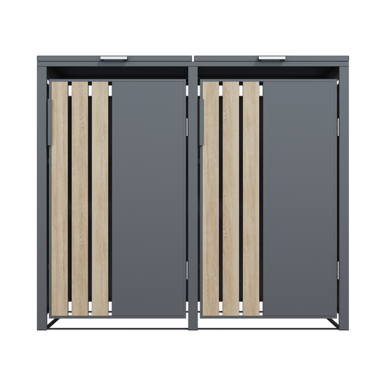 Abri poubelles 2 portes – gris et effet bois – acier galvanisé avec vérins à gaz