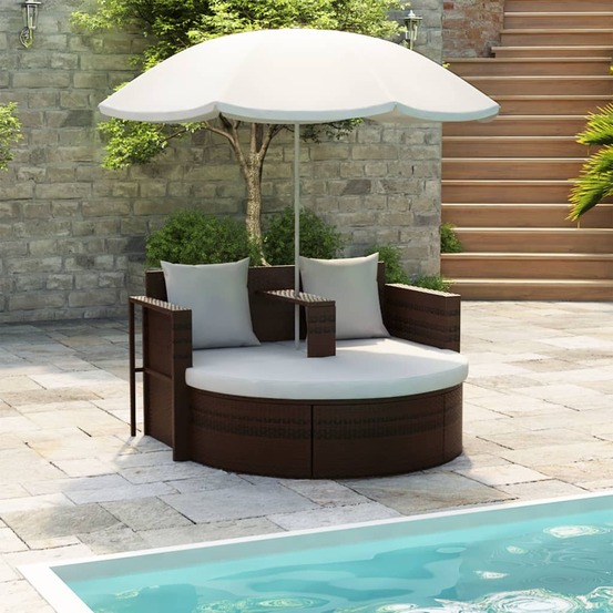 Lit de jardin avec parasol marron résine tressée