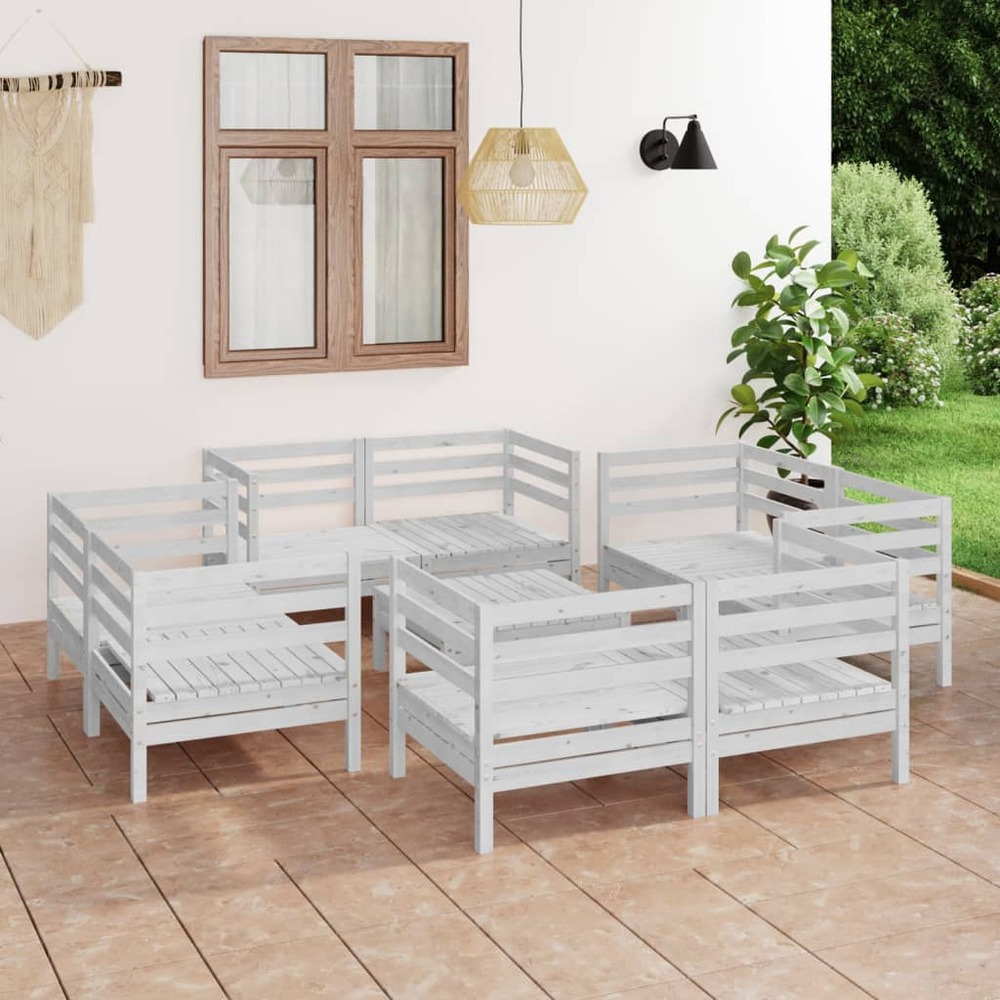Salon de jardin 9 pcs blanc bois de pin massif