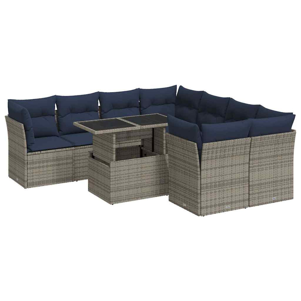 Salon de jardin avec coussins 9 pcs gris résine tressée acacia