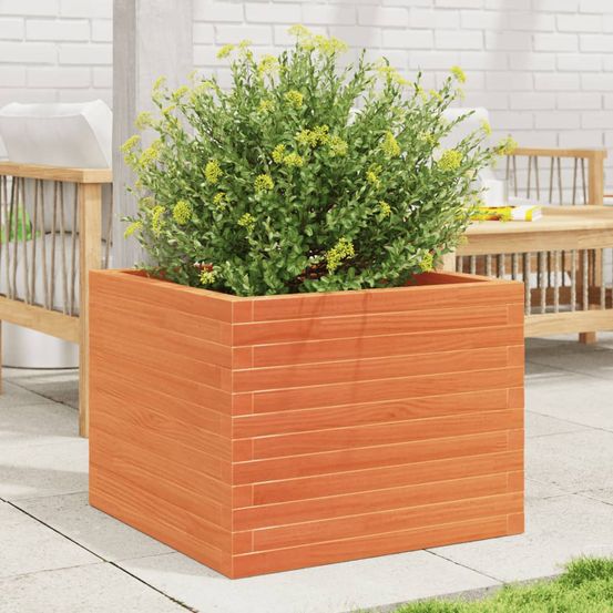 Grand bac à fleurs carré en bois de pin massif cire marron 60x60cm