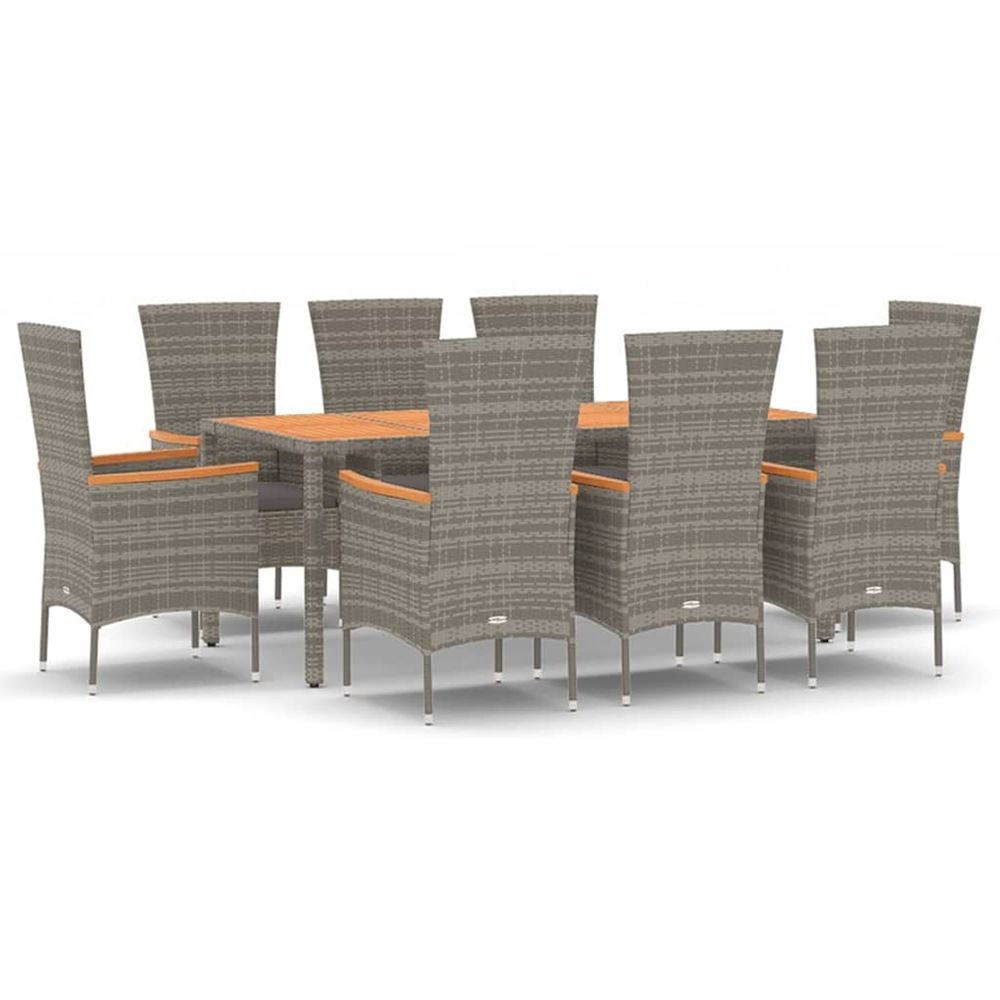 Ensemble à manger de jardin 9 pcs coussins gris résine tressée