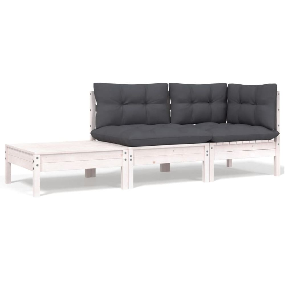 Salon de jardin 3 pcs avec coussins blanc bois de pin massif