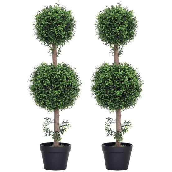 Lot de 2 buis artificiels double boule pe pot lesté extérieur anti uv vert 92cm