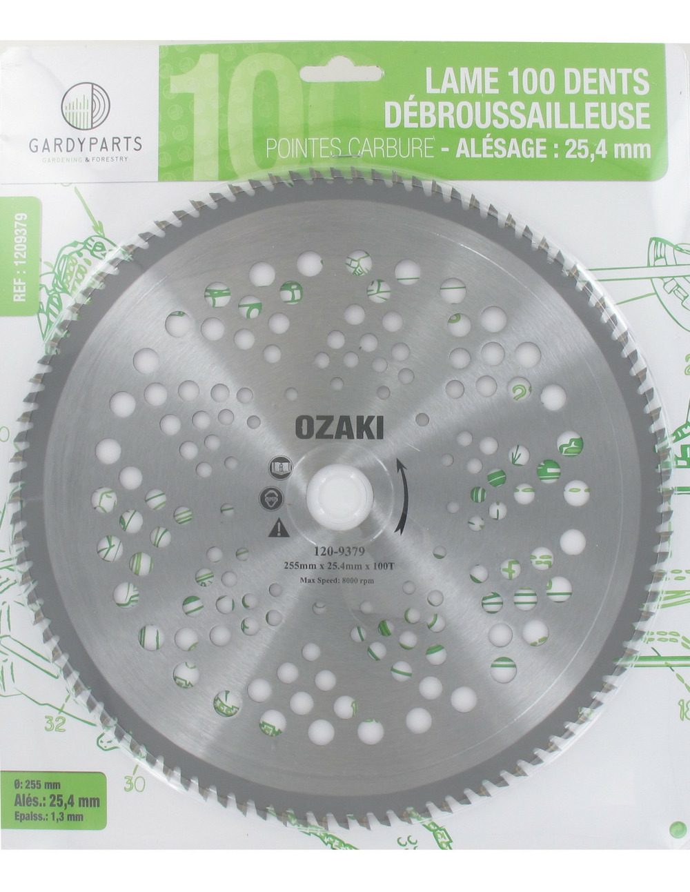 Lame de débroussailleuse 100 dents carbure ø: 255 x 25. 4 x 1,3mm, avec couteaux affutés sur 3 côtés et alternés droite/gauche. P