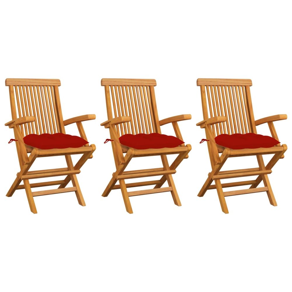 Chaises pliantes avec coussins rouges, 3 pièces, en teck massif