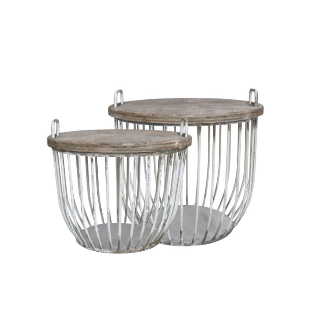 Lot de 2 tables basses rondes à couvercle en métal et bois blanc antique ø.57 x ht.48 cm