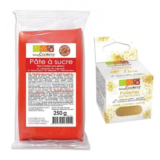 Pâte à sucre rouge 250 g + paillettes dorées