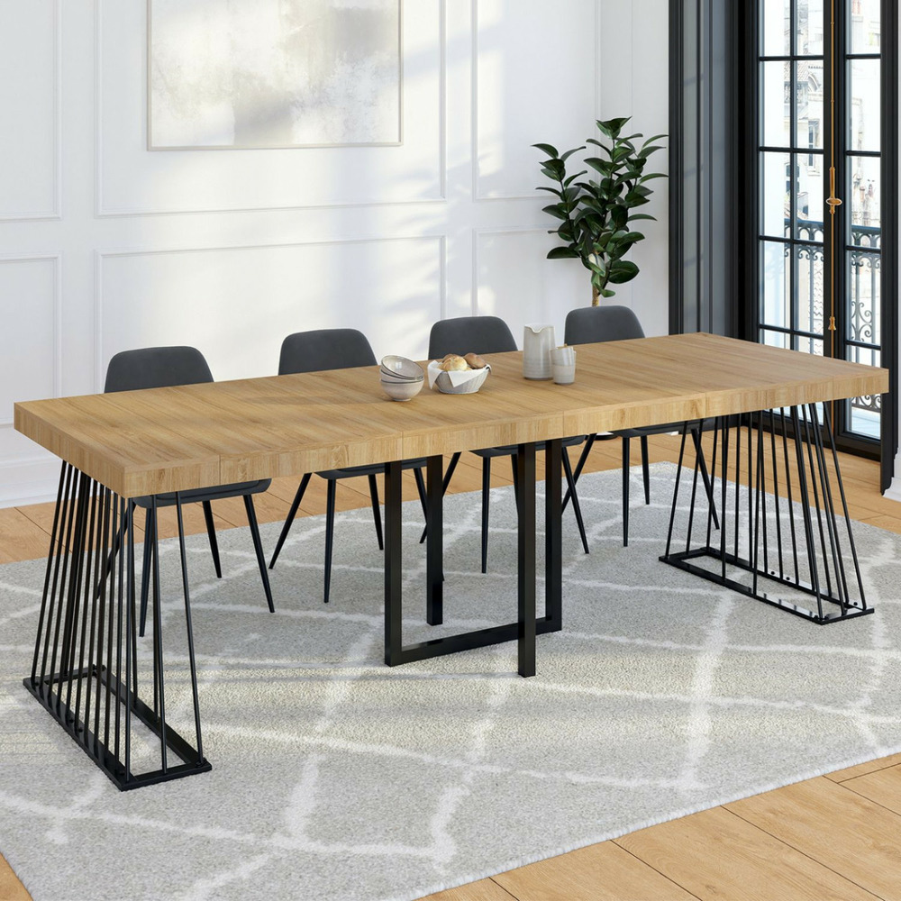 Table console extensible yuna 10 personnes 235 cm plateau bois et pied filaire en métal noir