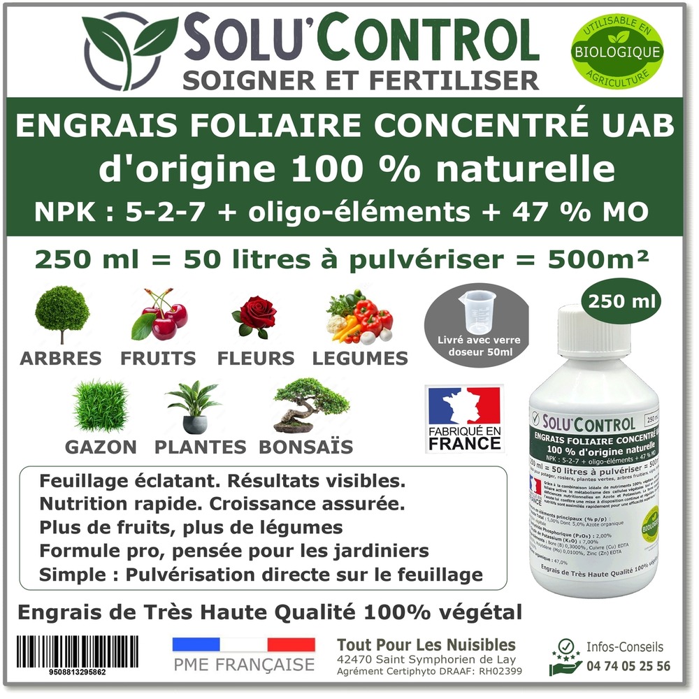 Engrais foliaire naturel solucontrol 250 ml croissance floraison et vitalite uab