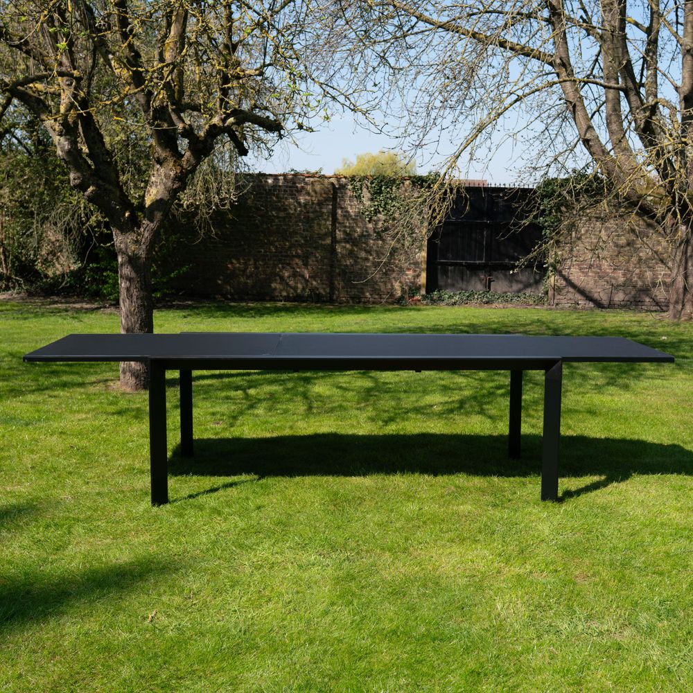 Table de jardin en aluminium extensible et verre poli noir 8/12 places modulo