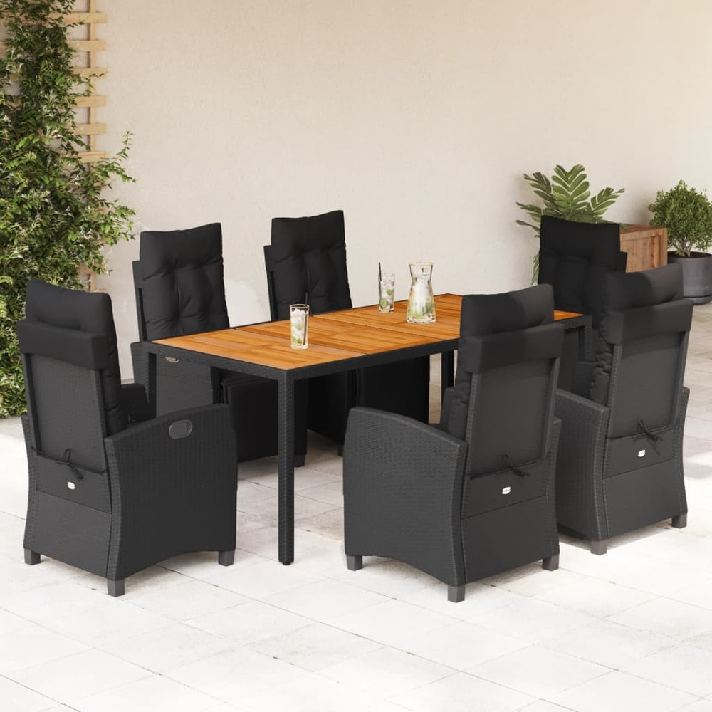 Ensemble à manger de jardin coussins 7pcs noir résine tressée