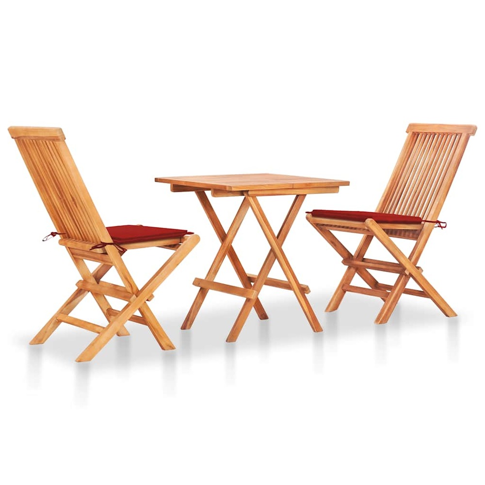 Ensemble de bistro 3pcs avec coussins rouge bois de teck massif