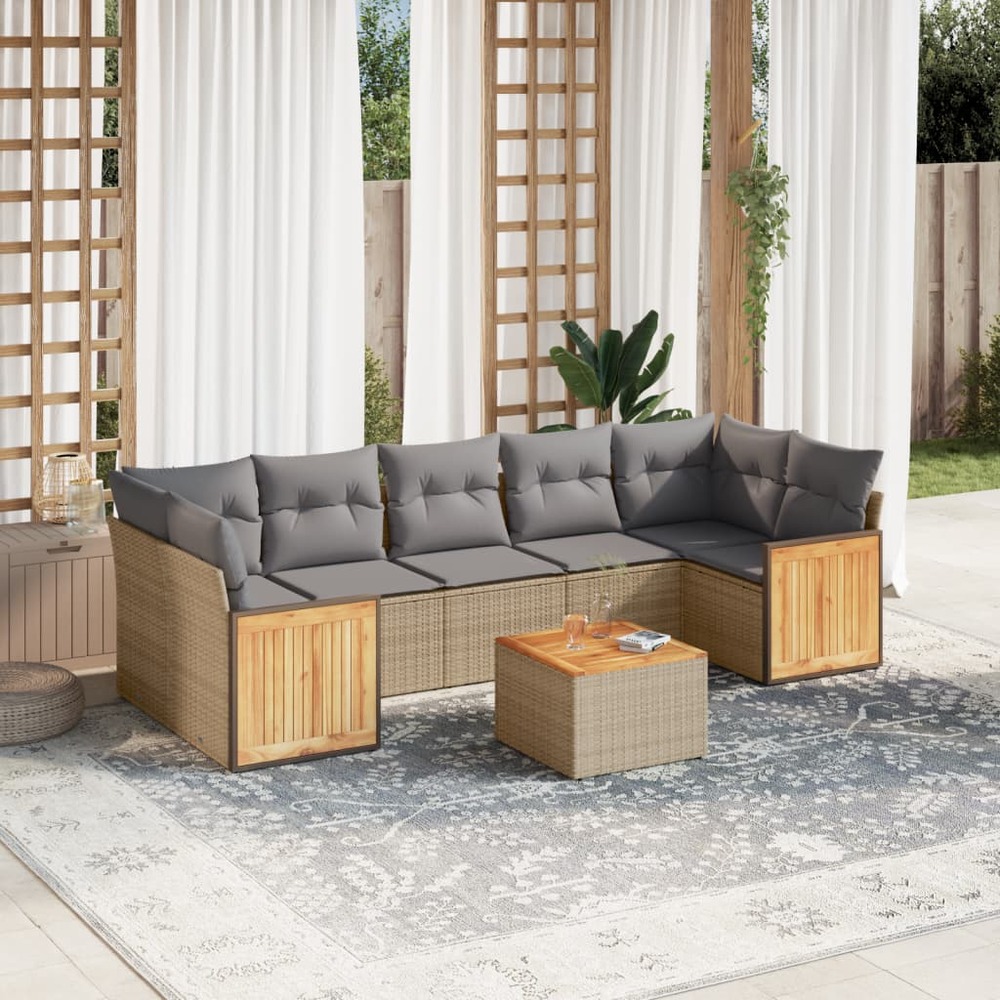 Salon de jardin avec coussins 8 pcs beige résine tressée