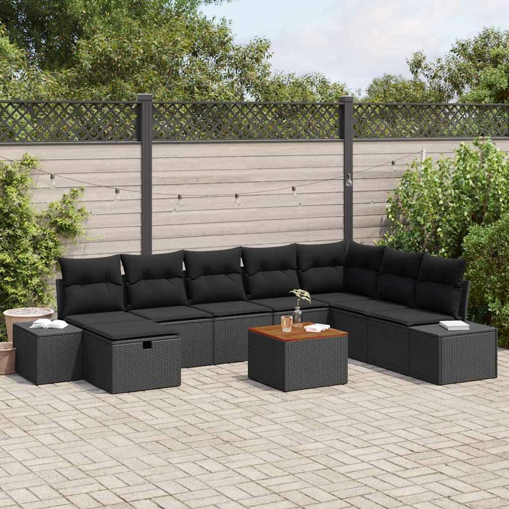 Ensemble de canapé de jardin avec coussin 9 pcs noir polyrotin