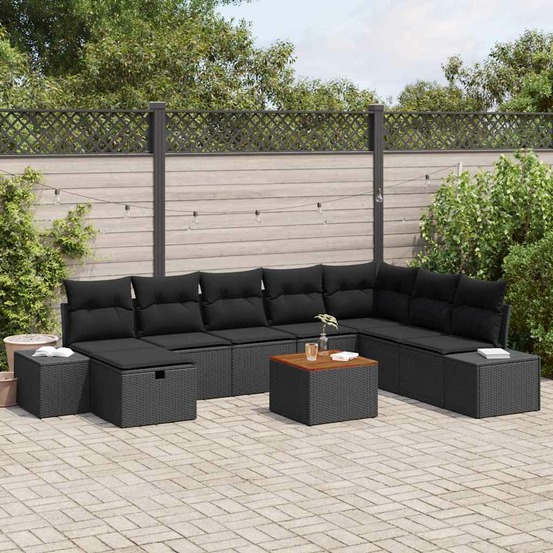Ensemble de canapé de jardin avec coussin 9 pcs noir polyrotin