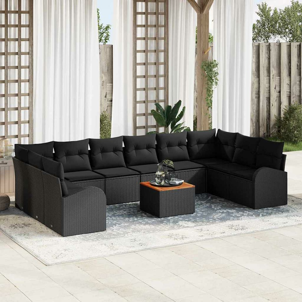 Ensemble de canapé de jardin avec coussin 11 pcs noir polyrotin