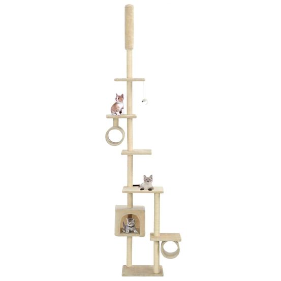 Grand arbre à chat multi-niveaux en sisal avec tunnels et jouet pour plusieurs chats 260 cm beige