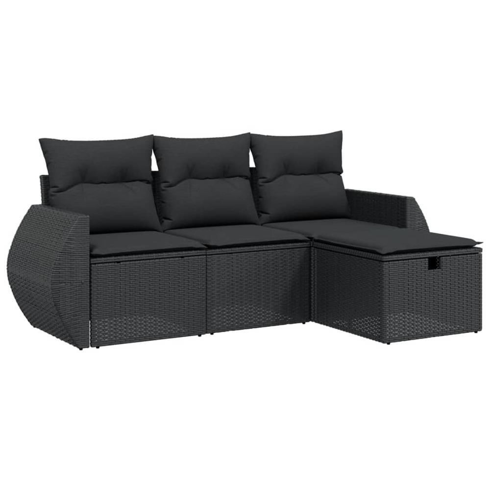 Salon de jardin 4 pcs avec coussins noir résine tressée