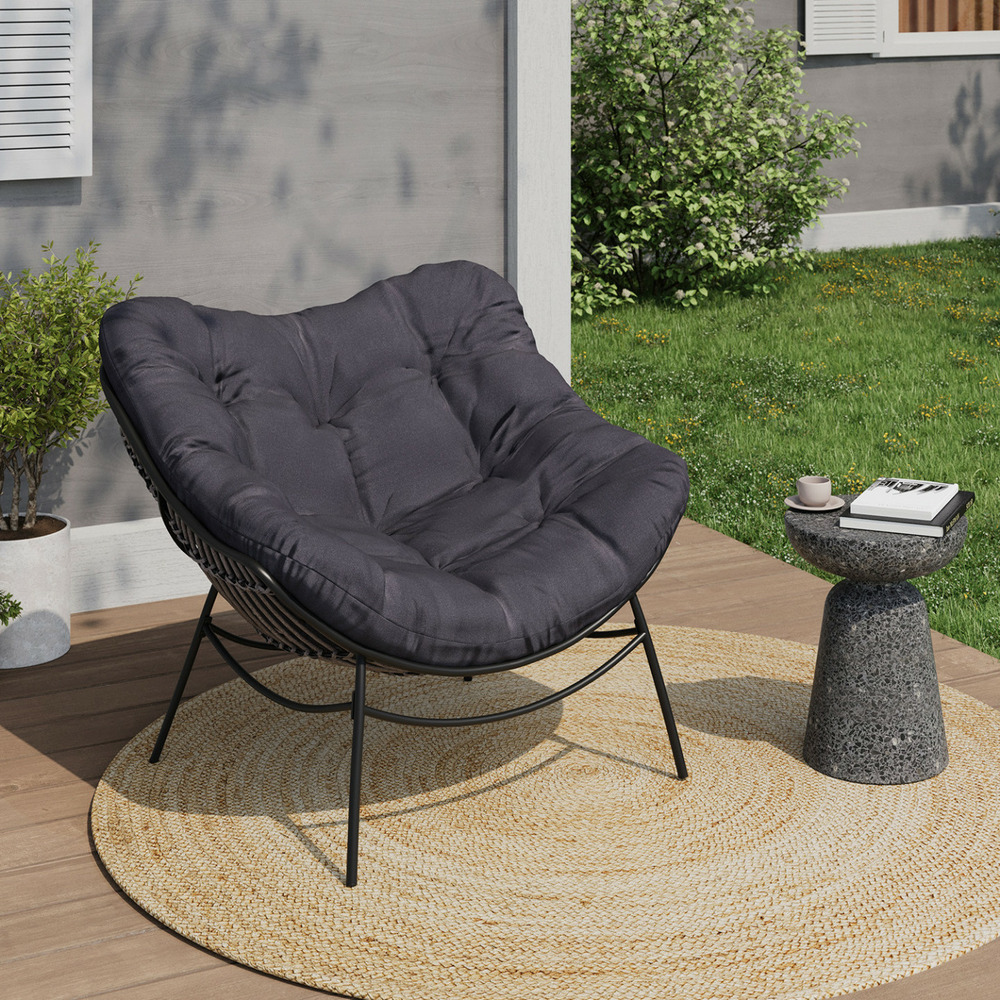 Fauteuil de jardin relax loa effet rotin gris et coussin gris