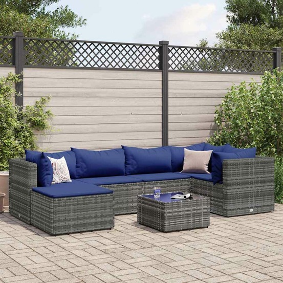 Salon de jardin 7 pcs avec coussins gris résine tressée