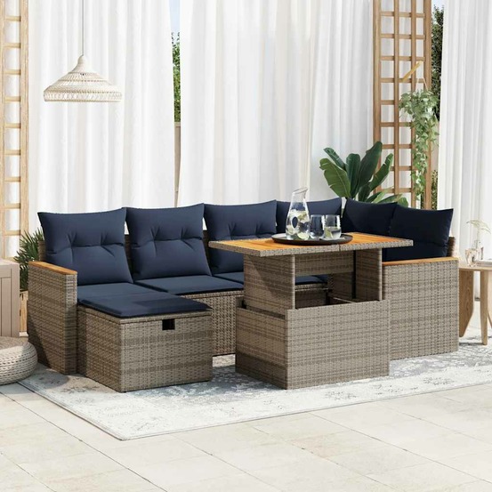 Salon de jardin avec coussins 7 pcs gris résine tressée acacia
