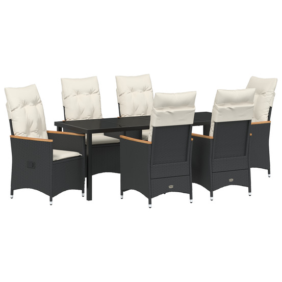 Ensemble de salle à manger de jardin de 7 pièces avec coussins en poly rattan noir