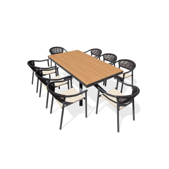 Lot composé d'une table de jardin lamu (180x100 cm) en aluminium et plateau polywood aspect bois